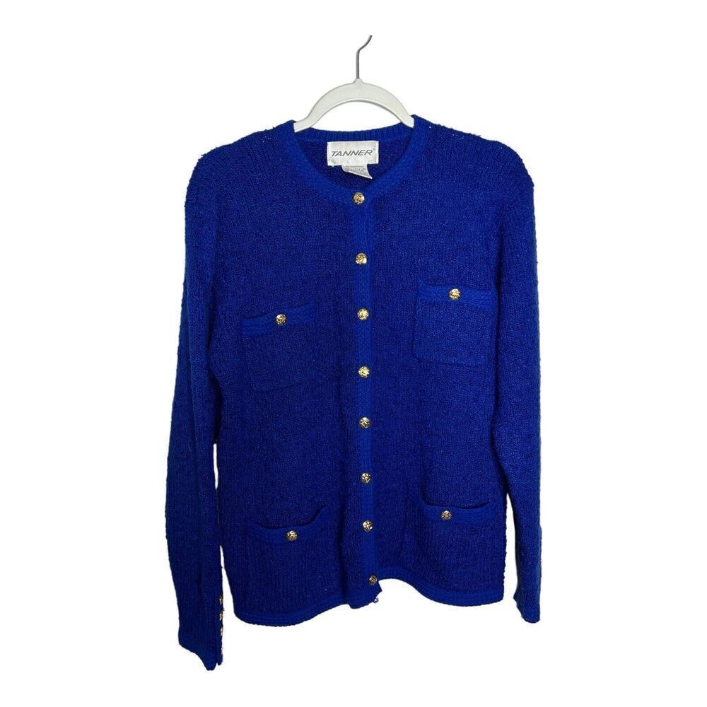 Vtg Tanner Womens Cardigan Sweater Medium Blue Acrylic Hong‎ Kong Gold Button